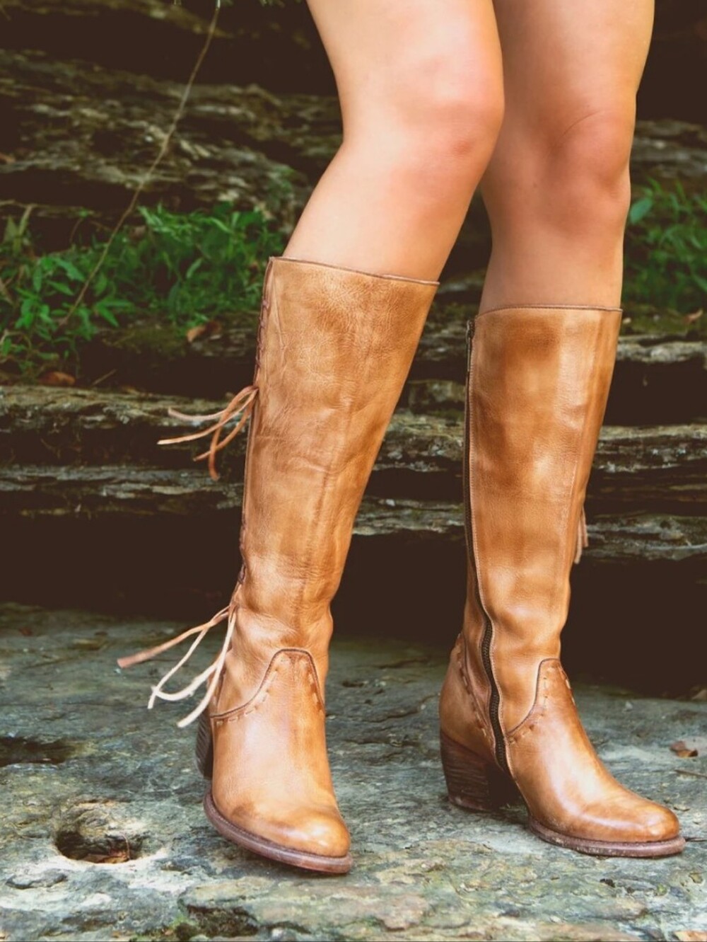 Bed Stu Cognac Leather Knee Boots with Fringe-Charis